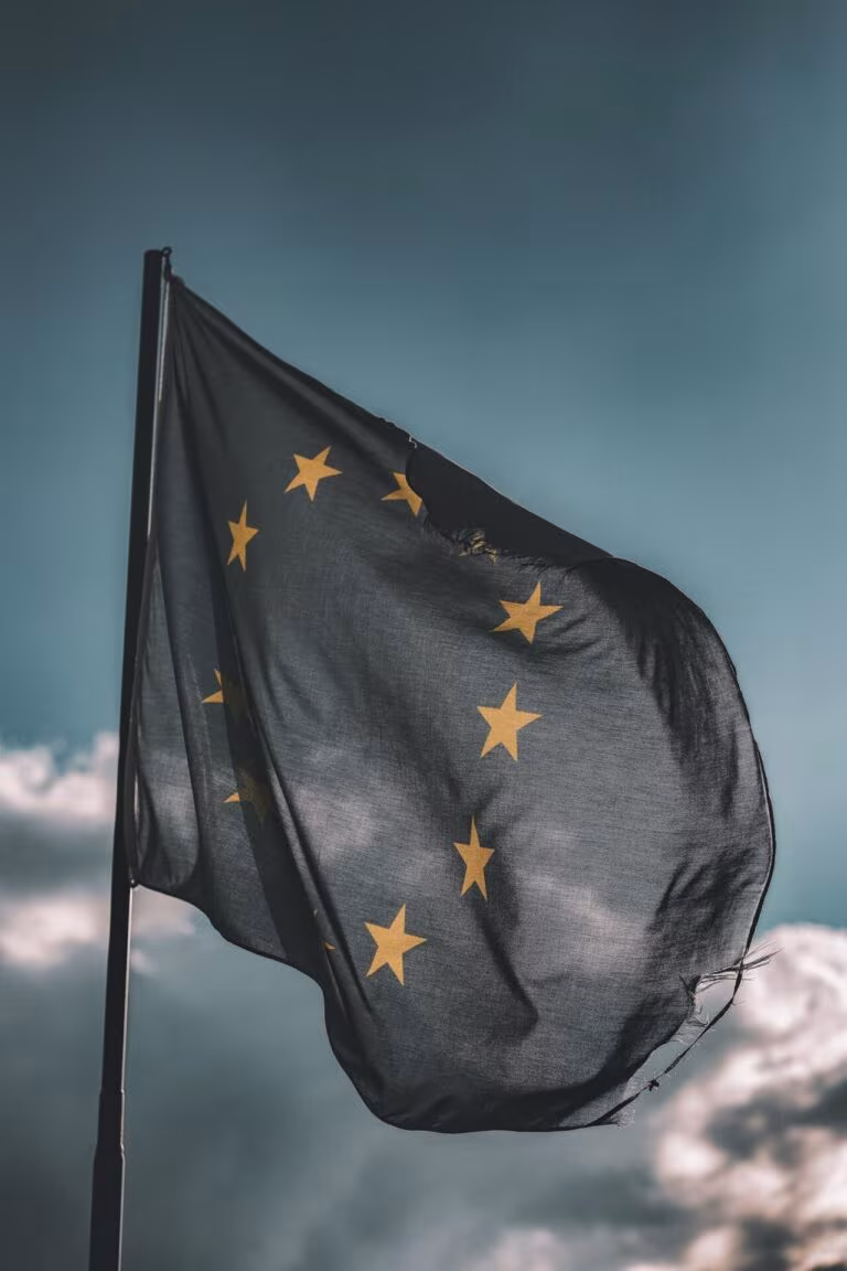 Bandera de la Unión Europea bajo un cielo nublado, imagen de los eurodiputados que piden a la EMA acelerar la investigación psicodélica