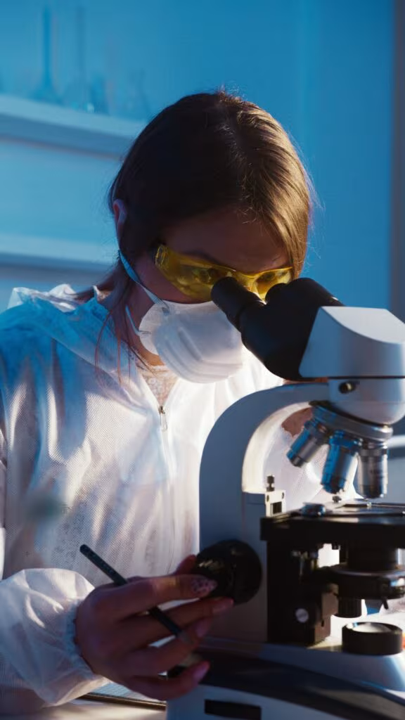 programas formativos inawe Investigadora con mascarilla mirando por un microscopio, imagen de los programas formativos de Fundación Inawe para universidades