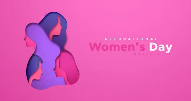 mujeres psicodelicas Ilustración del Día Internacional de la Mujer con siluetas femeninas en tonos violeta sobre fondo rosa