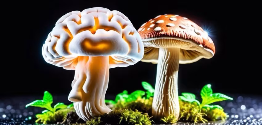 Ilustración de una seta con forma de cerebro junto a otra seta roja, sobre la psilocibina y la memoria