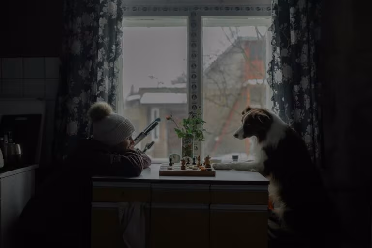 Persona y perro en una cocina en penumbra junto a la ventana, imagen del estudio sobre perros, LSD y sincronización neural